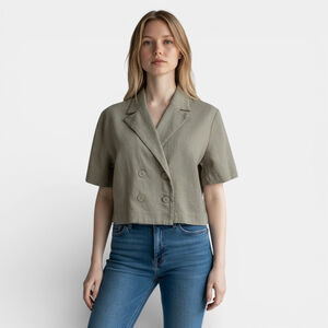 Oak and Fort Top Women Size Small Green Cropped Blazer Linen Cotton Blend Blouse